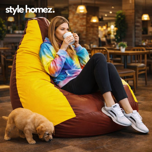 Style Homez Premium Leatherette Classic Jumbo Bean Bag Jumbo Size SAC Tan Yellow Color Filled with Beans Fillers