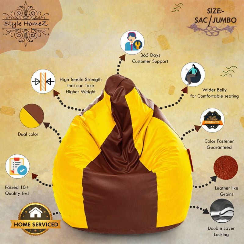 Style Homez Premium Leatherette Classic Jumbo Bean Bag Jumbo Size SAC Tan Yellow Color Filled with Beans Fillers
