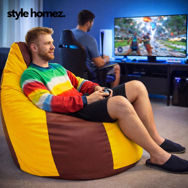 Style Homez Premium Leatherette Classic Jumbo Bean Bag Jumbo Size SAC Tan Yellow Color Filled with Beans Fillers