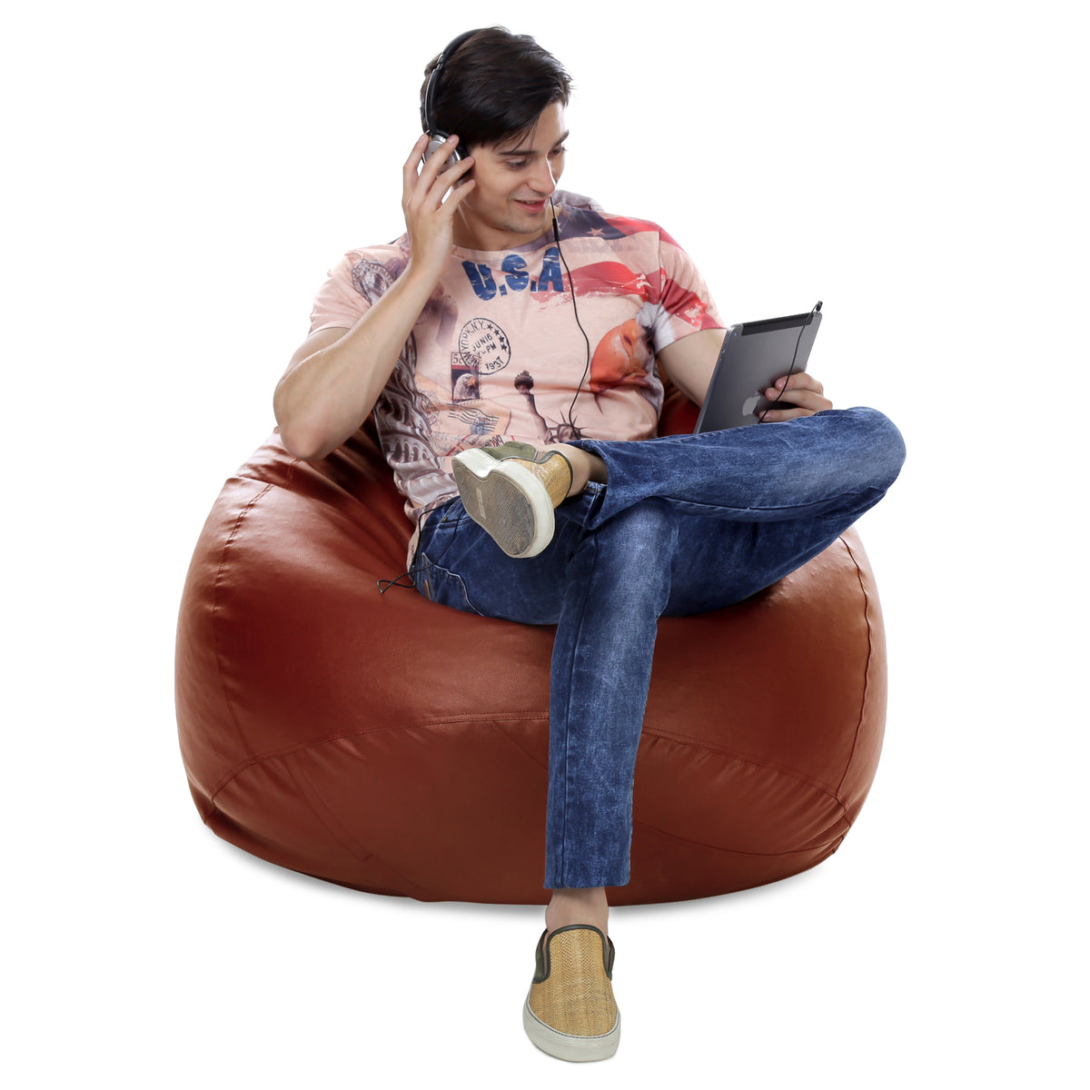 Style Homez Premium Leatherette Classic Jumbo Bean Bag Jumbo Size SAC  TAN Color Filled with Beans Fillers