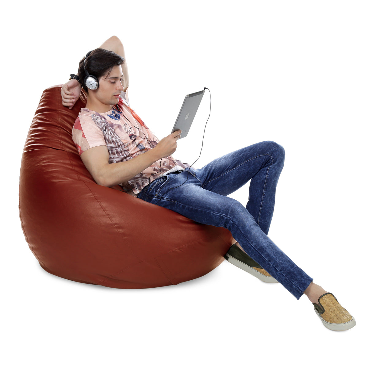 Style Homez Premium Leatherette Classic Jumbo Bean Bag Jumbo Size SAC  TAN Color Filled with Beans Fillers