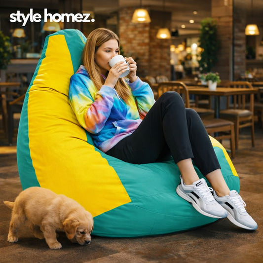 Style Homez Premium Leatherette Classic Jumbo Bean Bag Jumbo Size SAC Teal Yellow Color Filled with Beans Fillers