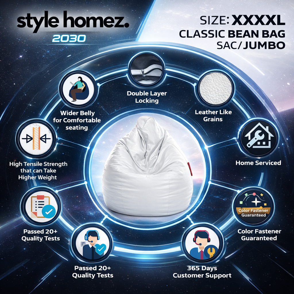 Style Homez Premium Leatherette Classic Jumbo Bean Bag Jumbo Size SAC  White Color Filled with Beans Fillers