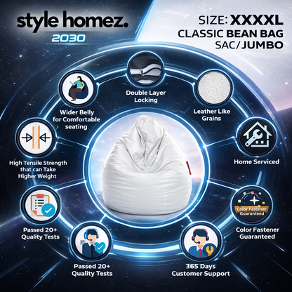 Style Homez Premium Leatherette Classic Jumbo Bean Bag Jumbo Size SAC  White Color Filled with Beans Fillers