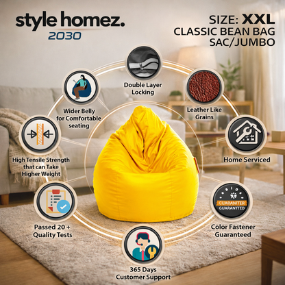 Style Homez Premium Leatherette Classic Jumbo Bean Bag Jumbo Size SAC  Yellow Color Filled with Beans Fillers
