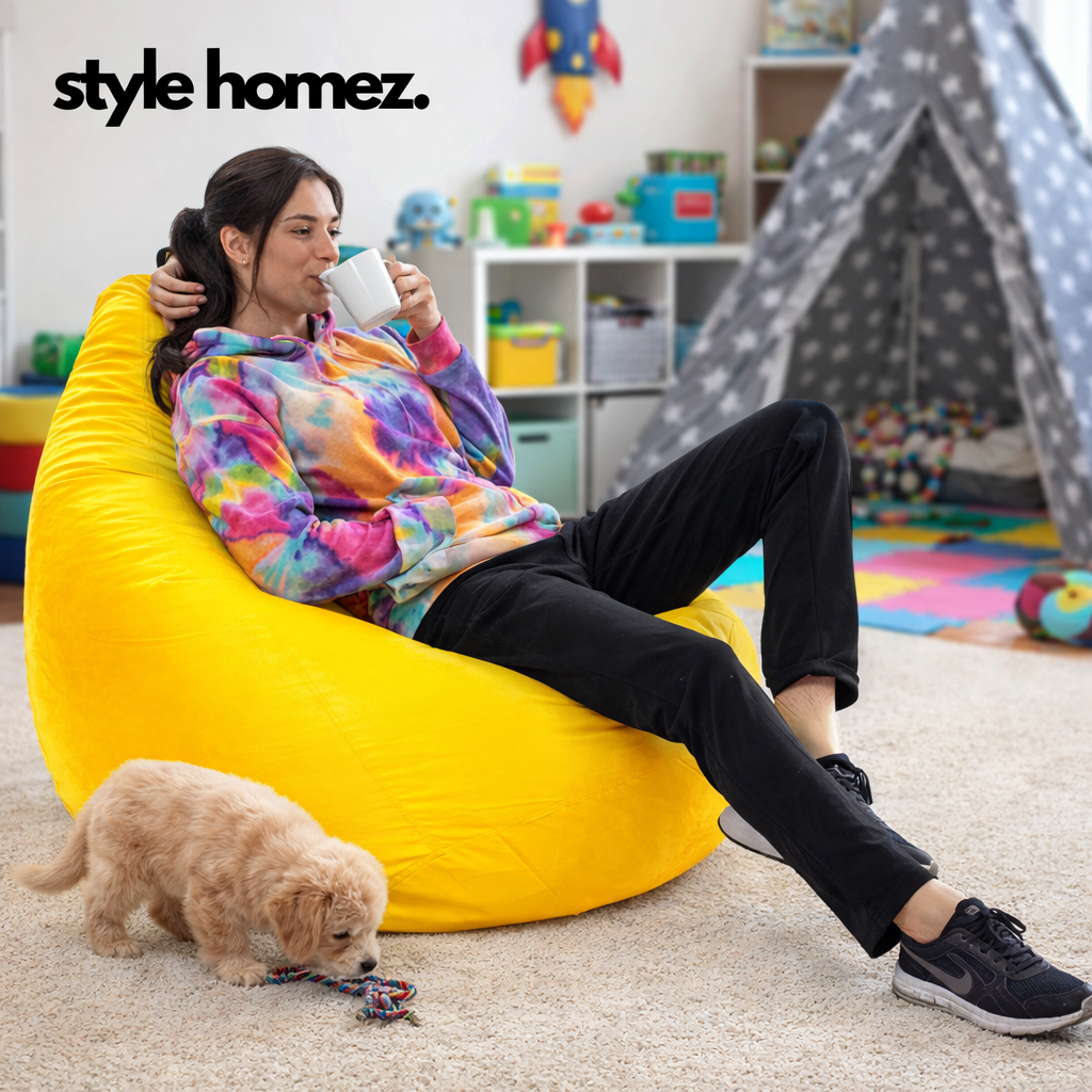 Style Homez Premium Leatherette Classic Jumbo Bean Bag Jumbo Size SAC  Yellow Color Filled with Beans Fillers