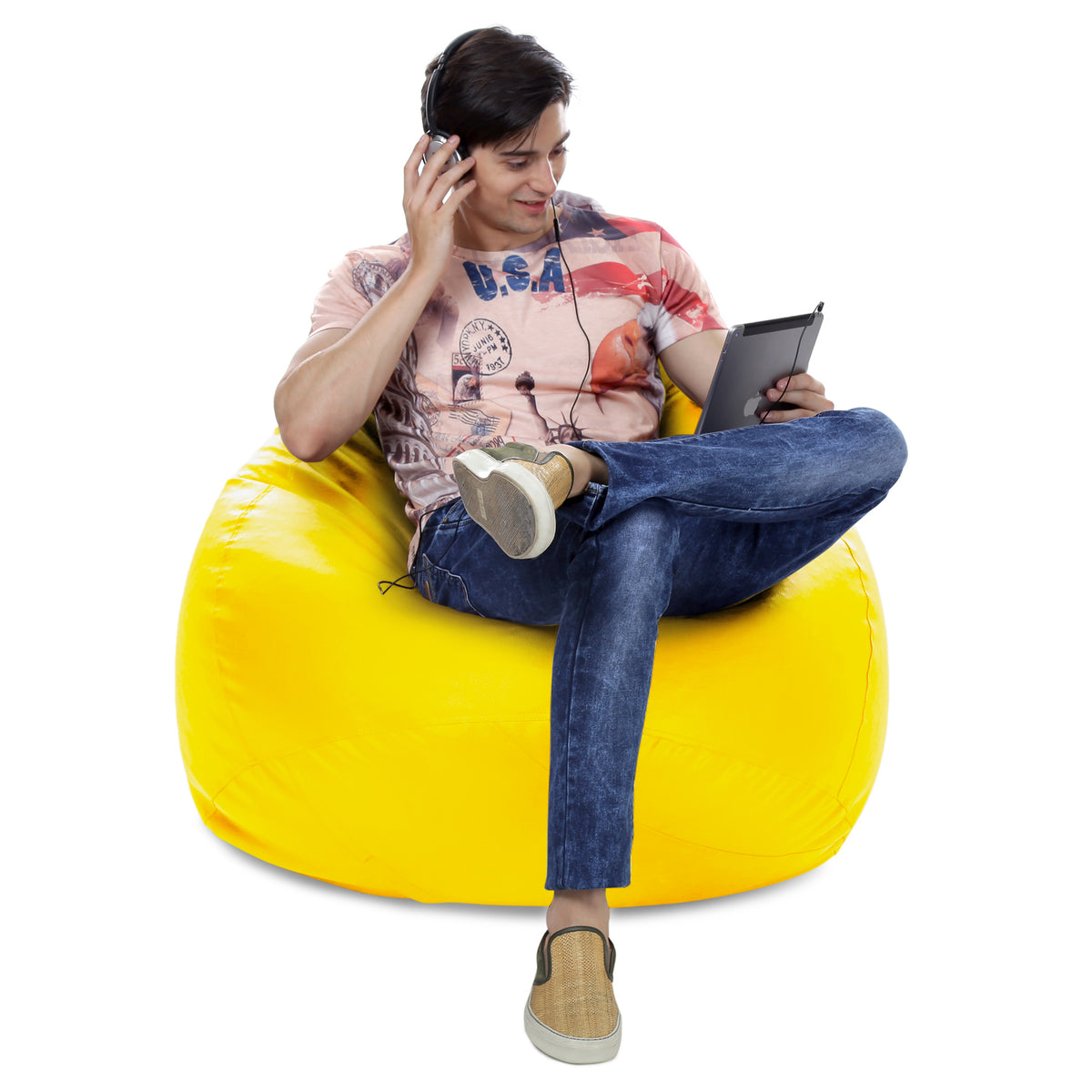Style Homez Premium Leatherette Classic Jumbo Bean Bag Jumbo Size SAC  Yellow Color Filled with Beans Fillers