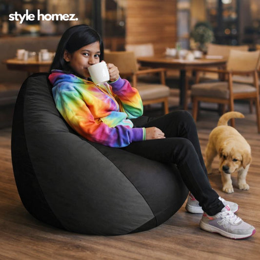 Style Homez Premium Leatherette Classic Bean Bag XL Size Black Grey Color Filled with Beans Fillers