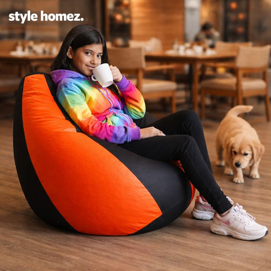 Style Homez Premium Leatherette Classic Bean Bag XL Size Black Orange Color Filled with Beans Fillers