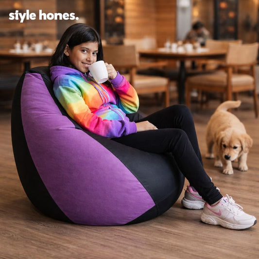 Style Homez Premium Leatherette Classic Bean Bag XL Size Black Purple Color Filled with Beans Fillers