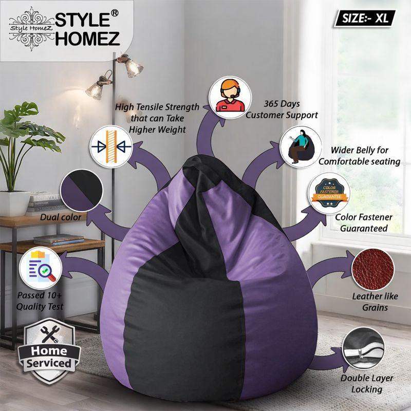 Style Homez Premium Leatherette Classic Bean Bag XL Size Black Purple Color Filled with Beans Fillers