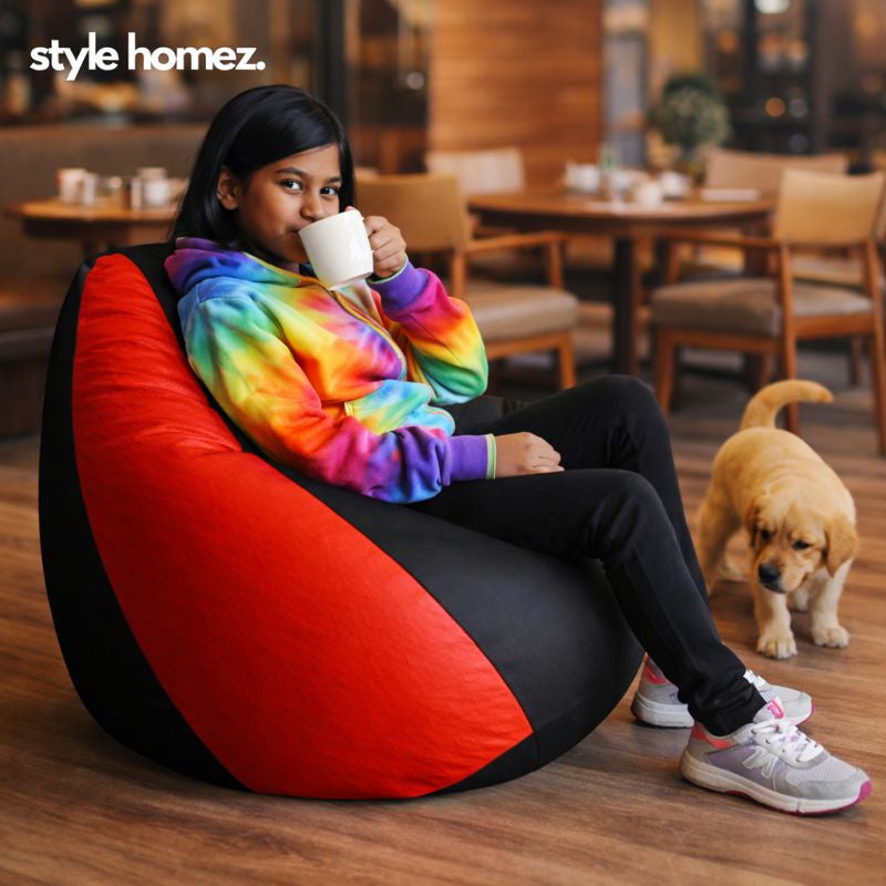 Style Homez Premium Leatherette Classic Bean Bag XL Size Black Red Color Filled with Beans Fillers