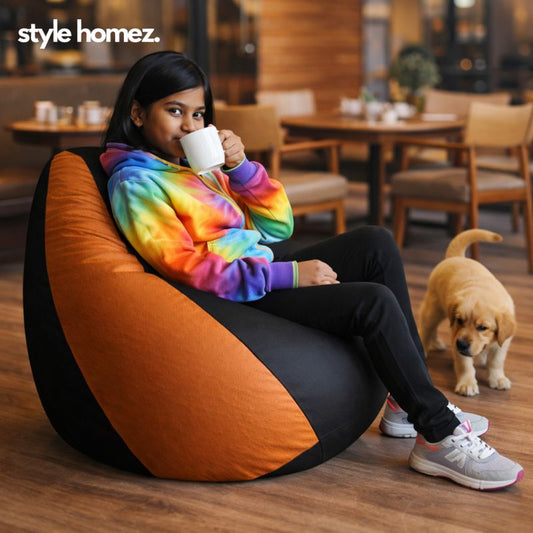 Style Homez Premium Leatherette Classic Bean Bag XL Size Black Tan Color Filled with Beans Fillers