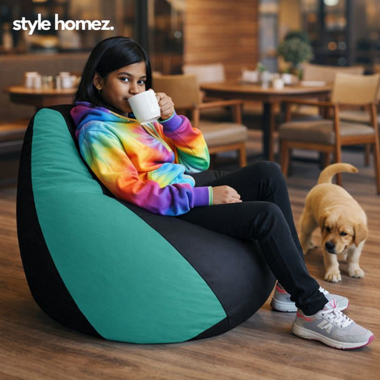 Style Homez Premium Leatherette Classic Bean Bag XL Size Black Teal Color Filled with Beans Fillers
