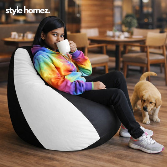Style Homez Premium Leatherette Classic Bean Bag XL Size Black White Color Filled with Beans Fillers