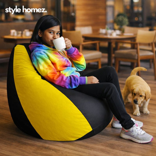 Style Homez Premium Leatherette Classic Bean Bag XL Size Black Yellow Color Filled with Beans Fillers