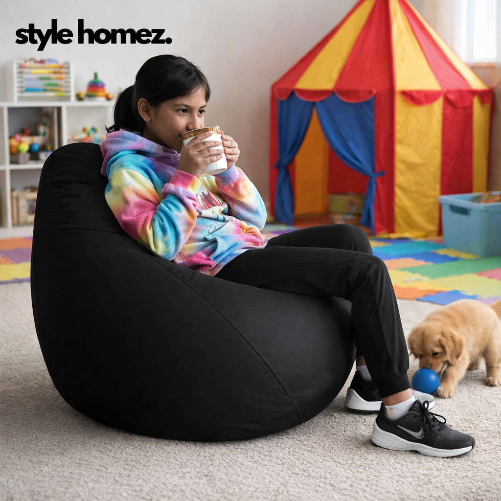 Style Homez Premium Leatherette Classic Bean Bag XL Size Black Color Filled with Beans Fillers