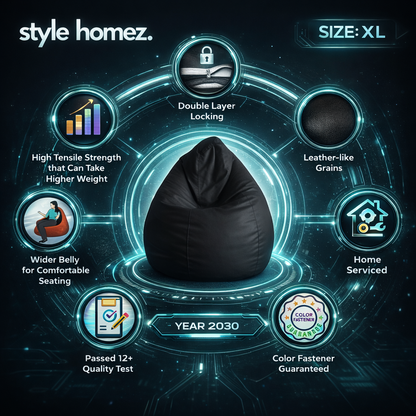 Style Homez Premium Leatherette Classic Bean Bag XL Size Black Color Filled with Beans Fillers
