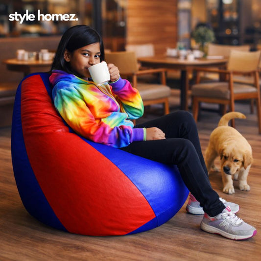 Style Homez Premium Leatherette Classic Bean Bag XL Size Blue Red Color Filled with Beans Fillers
