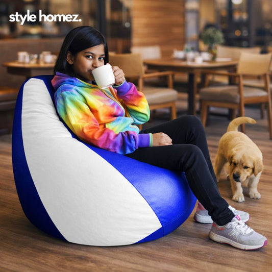 Style Homez Premium Leatherette Classic Bean Bag XL Size Blue White Color Filled with Beans Fillers