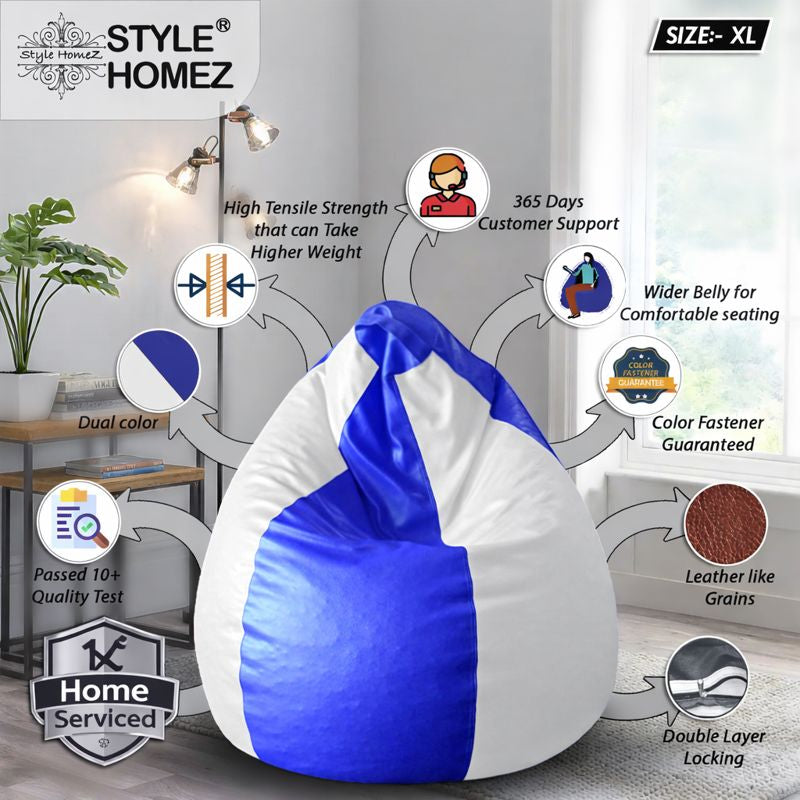 Style Homez Premium Leatherette Classic Bean Bag XL Size Blue White Color Filled with Beans Fillers