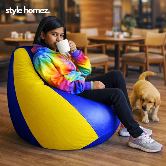 Style Homez Premium Leatherette Classic Bean Bag XL Size Blue Yellow Color Filled with Beans Fillers