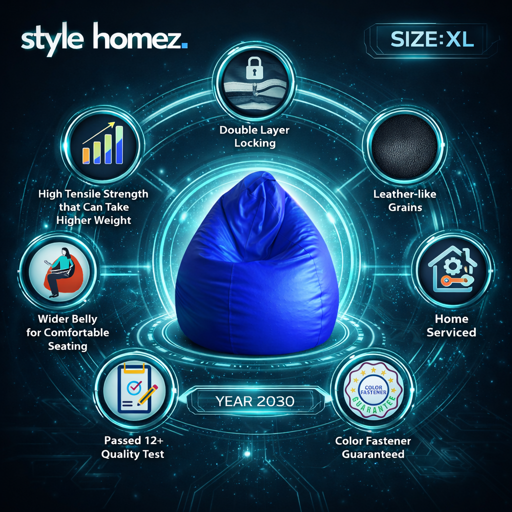 Style Homez Premium Leatherette Classic Bean Bag XL Size Royal Blue Color Filled with Beans Fillers