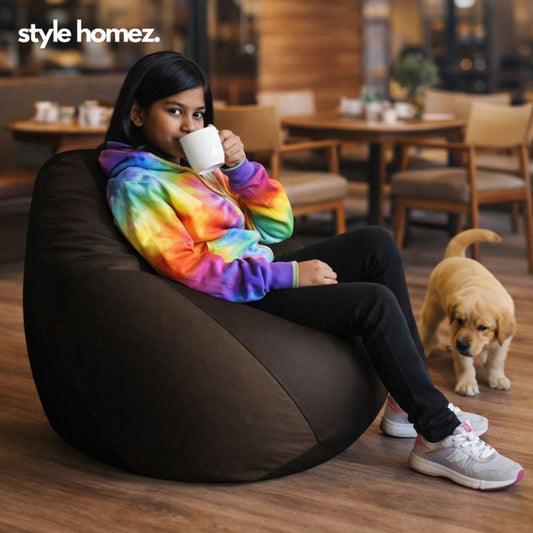 Style Homez Premium Leatherette Classic Bean Bag XL Size Brown Grey Color Filled with Beans Fillers
