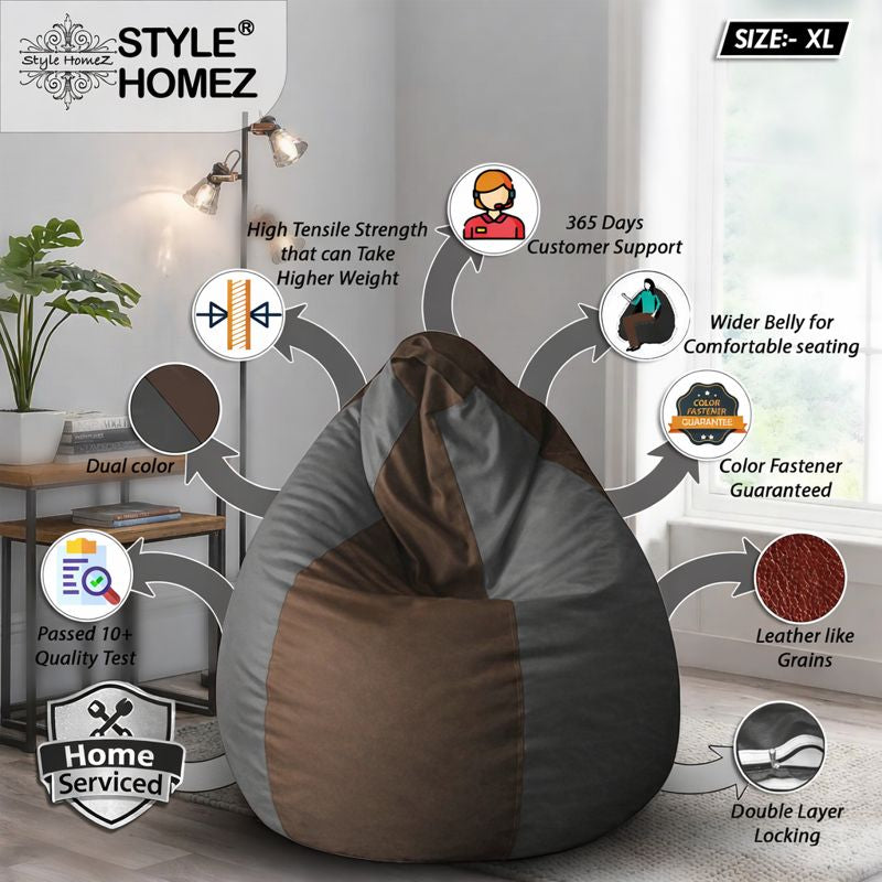 Style Homez Premium Leatherette Classic Bean Bag XL Size Brown Grey Color Filled with Beans Fillers