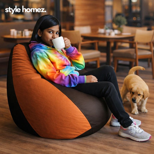 Style Homez Premium Leatherette Classic Bean Bag XL Size Brown Tan Color Filled with Beans Fillers