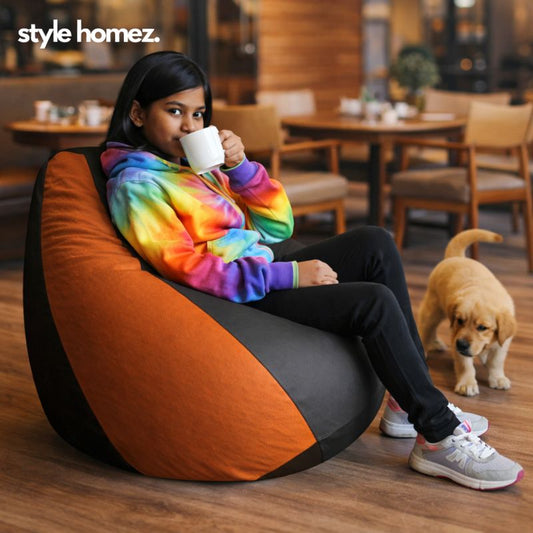 Style Homez Premium Leatherette Classic Bean Bag XL Size Grey Tan Color Filled with Beans Fillers
