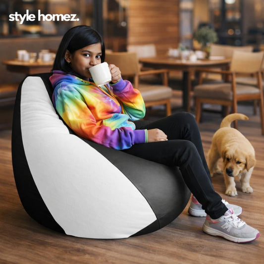Style Homez Premium Leatherette Classic Bean Bag XL Size Grey White Color Filled with Beans Fillers