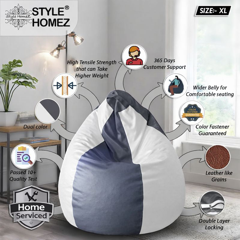Style Homez Premium Leatherette Classic Bean Bag XL Size Grey White Color Filled with Beans Fillers