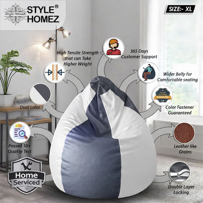 Style Homez Premium Leatherette Classic Bean Bag XL Size Grey White Color Filled with Beans Fillers