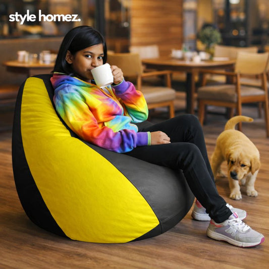 Style Homez Premium Leatherette Classic Bean Bag XL Size Grey Yellow Color Filled with Beans Fillers