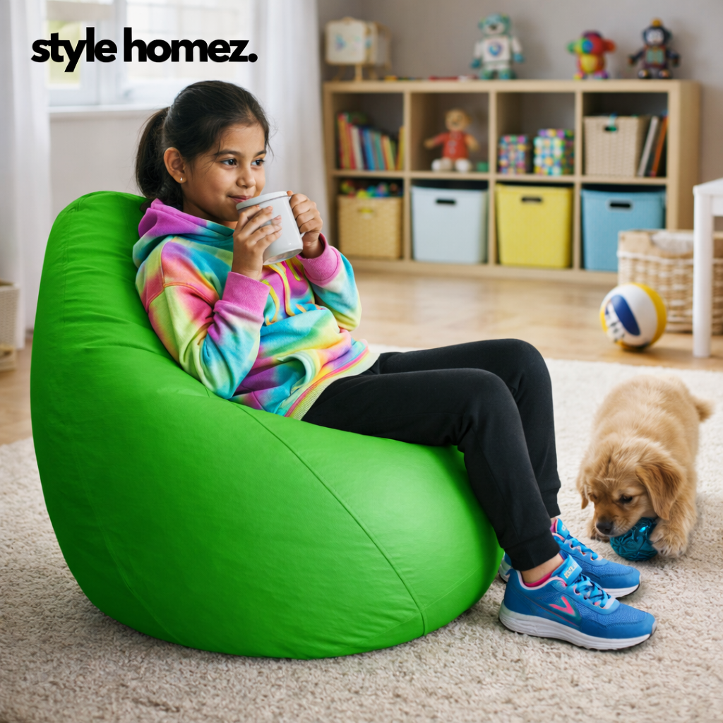 Style Homez Premium Leatherette Classic Bean Bag XL Size Green Color Filled with Beans Fillers