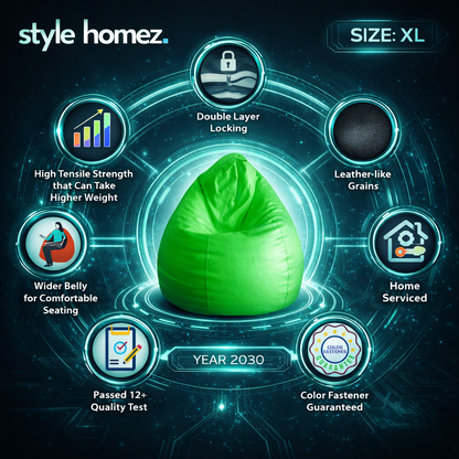 Style Homez Premium Leatherette Classic Bean Bag XL Size Green Color Filled with Beans Fillers