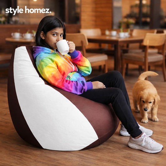 Style Homez Premium Leatherette Classic Bean Bag XL Size Maroon White Color Filled with Beans Fillers