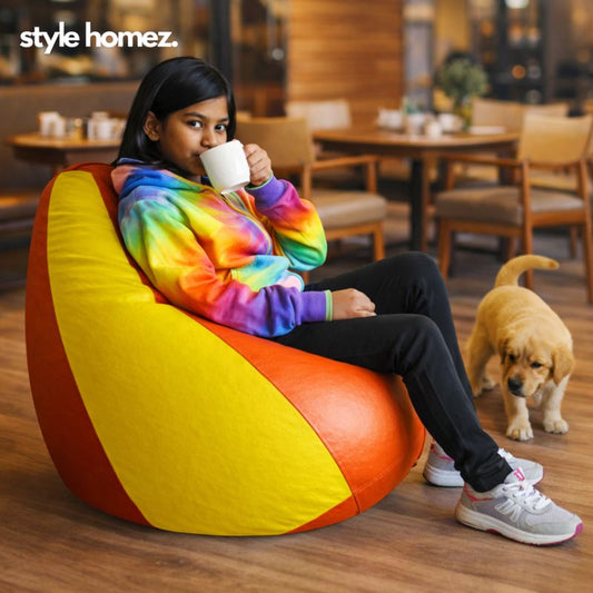Style Homez Premium Leatherette Classic Bean Bag XL Size Orange Yellow Color Filled with Beans Fillers