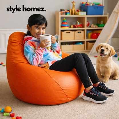 Style Homez Premium Leatherette Classic Bean Bag XL Size Orange Color Filled with Beans Fillers