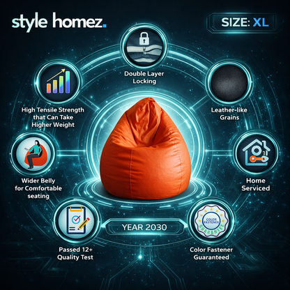 Style Homez Premium Leatherette Classic Bean Bag XL Size Orange Color Filled with Beans Fillers
