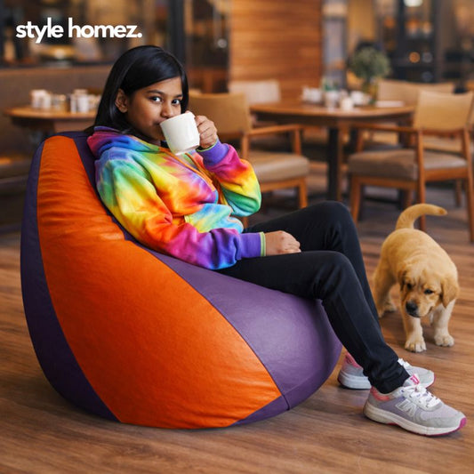Style Homez Premium Leatherette Classic Bean Bag XL Size Purple Orange Color Filled with Beans Fillers