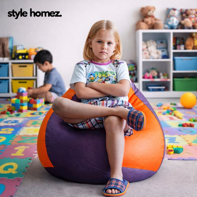 Style Homez Premium Leatherette Classic Bean Bag XL Size Purple Orange Color Filled with Beans Fillers