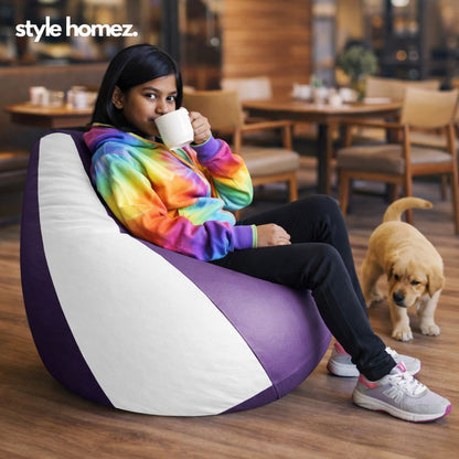 Style Homez Premium Leatherette Classic Bean Bag XL Size Purple White Color Filled with Beans Fillers