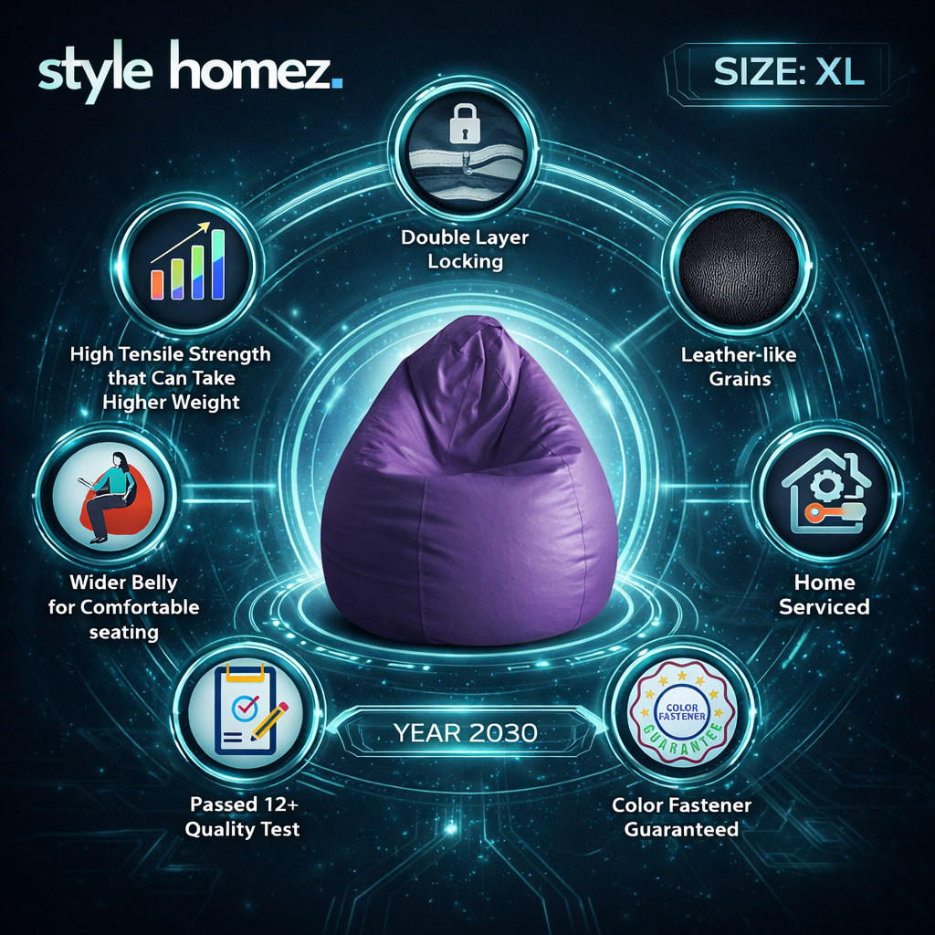 Style Homez Premium Leatherette Classic Bean Bag XL Size Purple Color Filled with Beans Fillers