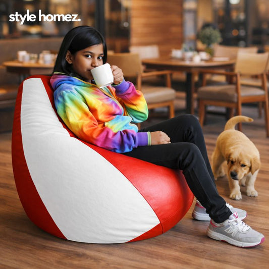 Style Homez Premium Leatherette Classic Bean Bag XL Size Red White Color Filled with Beans Fillers