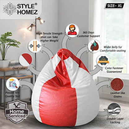 Style Homez Premium Leatherette Classic Bean Bag XL Size Red White Color Filled with Beans Fillers