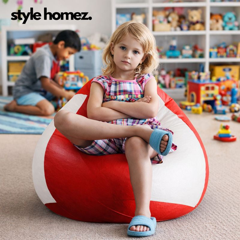 Style Homez Premium Leatherette Classic Bean Bag XL Size Red White Color Filled with Beans Fillers