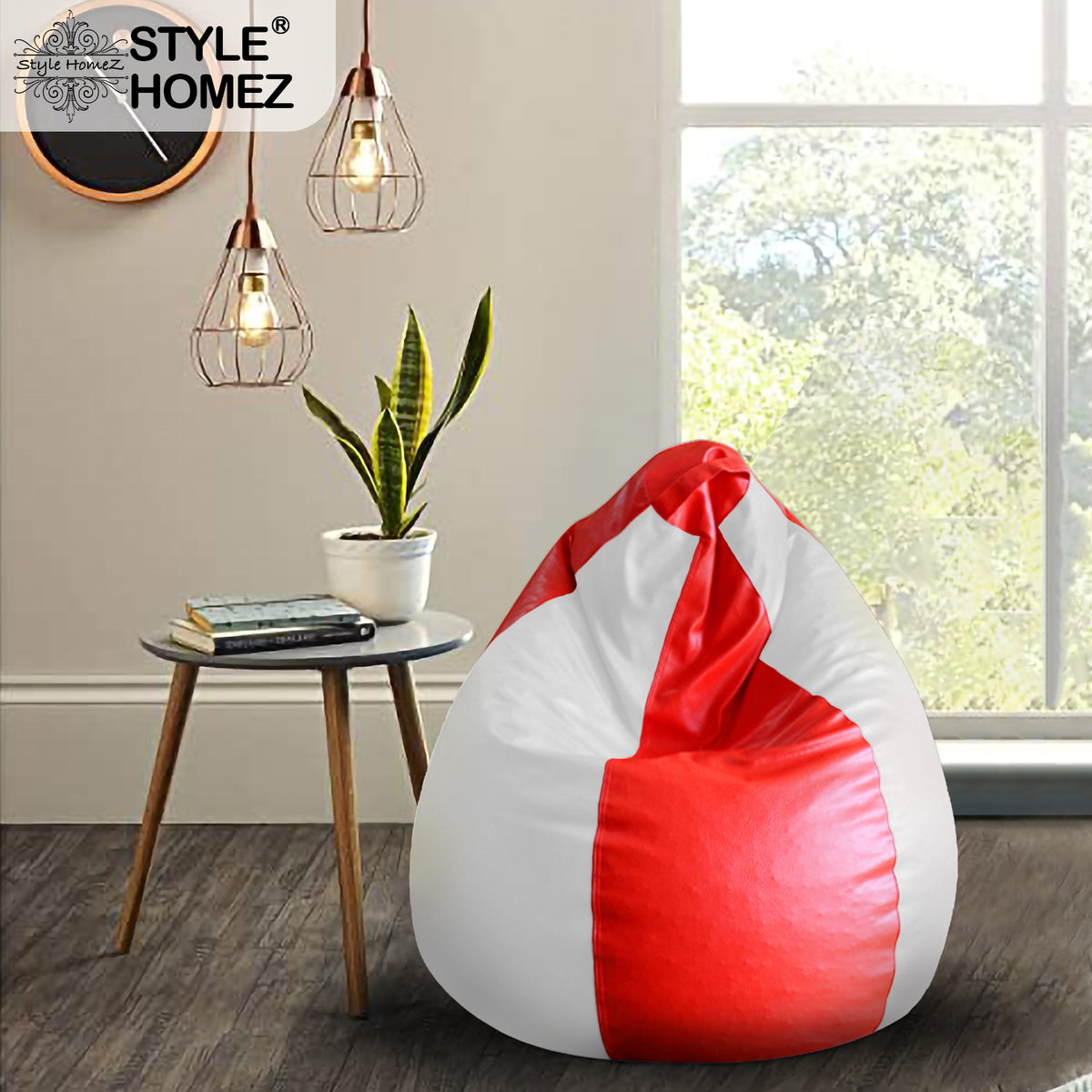 Style Homez Premium Leatherette Classic Bean Bag XL Size Red White Color Filled with Beans Fillers