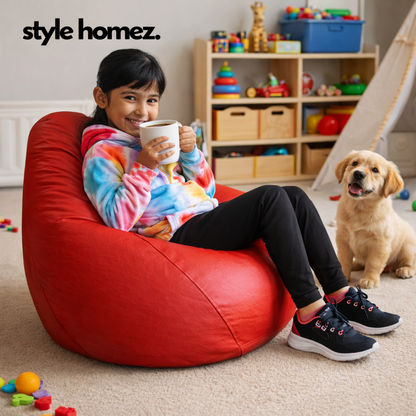 Style Homez Premium Leatherette Classic Bean Bag XL Size Red Color Filled with Beans Fillers